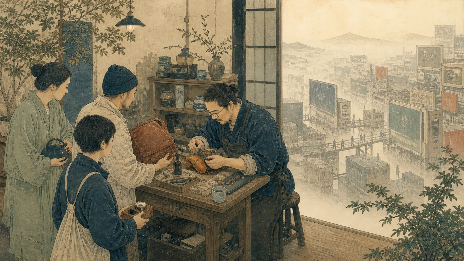 订阅者把需要修复的物件直接交给创作者,远处的中介迷宫逐渐隐去